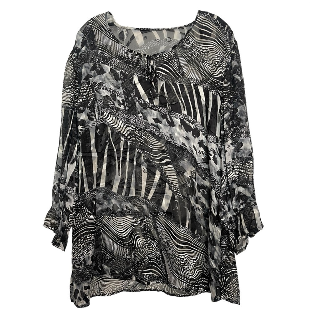 Vintage Silk Blend Sheer Tunic Beach Cover Up Black & White Zebra Animal Print L